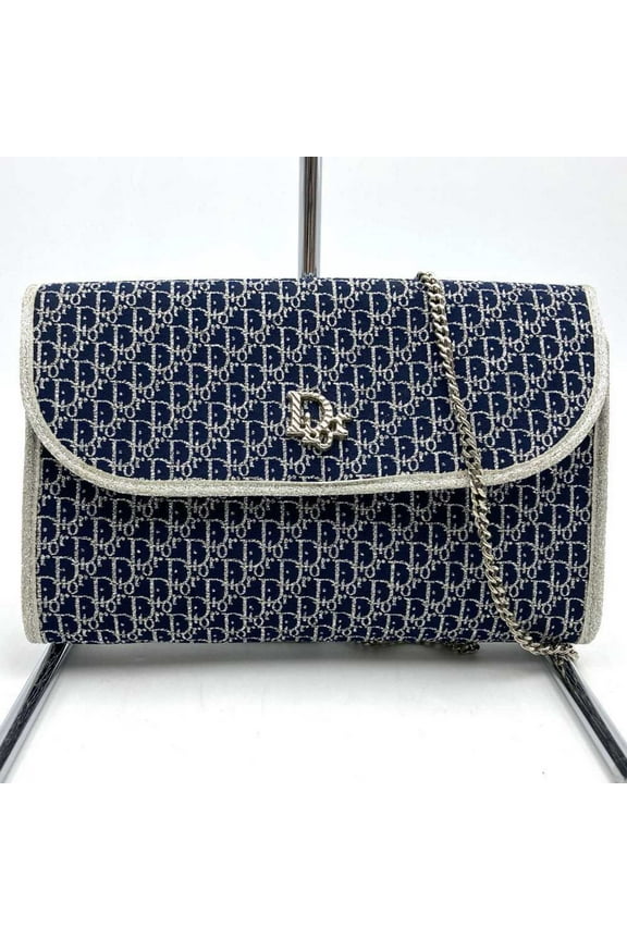 Pre-Owned Christian Dior Chain Shoulder Bag Glitter Thread Canvas Navy Women's (Good)