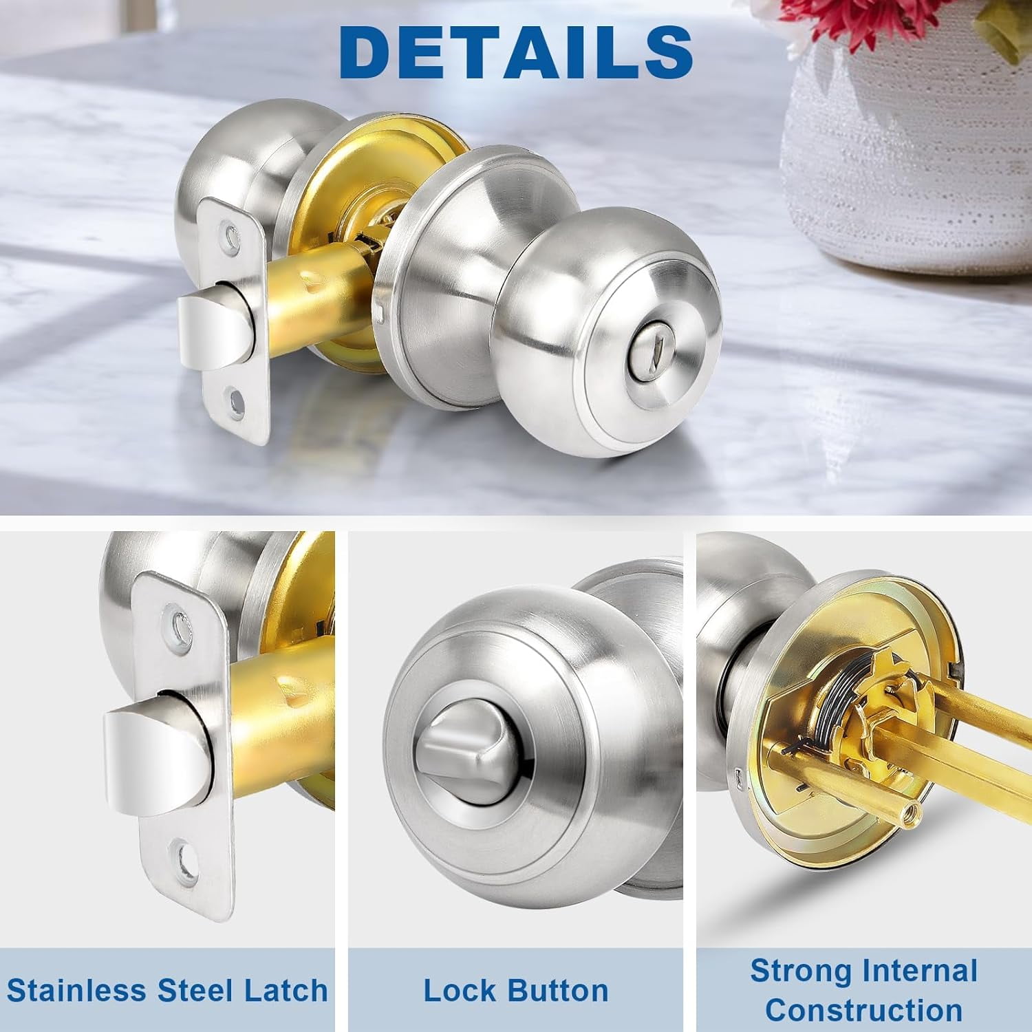 Privacy Door Knob, 10 Pack Brushed Nickel Round Keyless Doorknobs Interior/Exterior Lockset, Privacy Locking Door Knobs for Bedroom/Bathroom, Modern Design Door Hardware