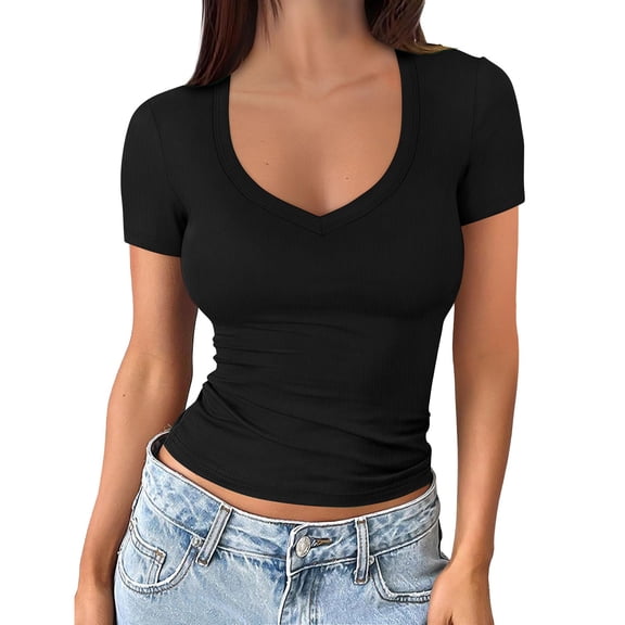 T Shirts For Women Black Womens Tops Fashion V Neck Short Sleeve Elegant Basic Ribbed Tee Slim Fit Plain Summer Tops