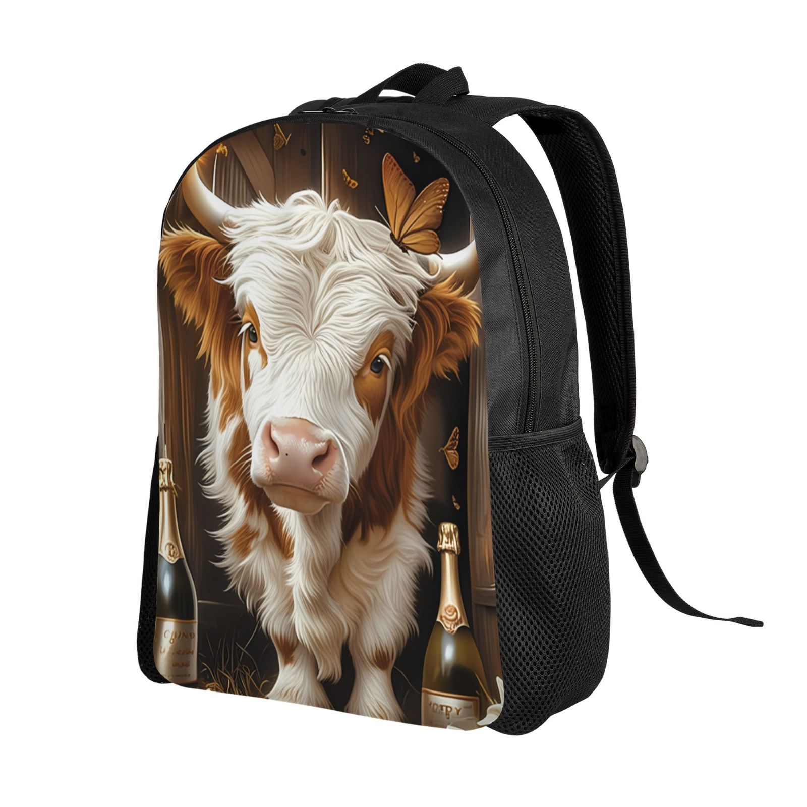 Xecao Rustic Cow Butterflies Champagne Print School Backpack with Laptop Compartment Small Travel Laptop Backpack for Women Men Waterproof College Backpack Simple School Bag