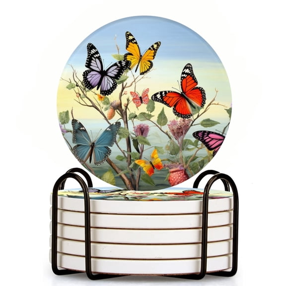 Butterflies Flying Among The Branches And Flowers Set of 6 Ceramic Coasters with Holder, Absorbent Drink Bar Coasters, Table Coasters for Living Room Decor Tabletop Protection
