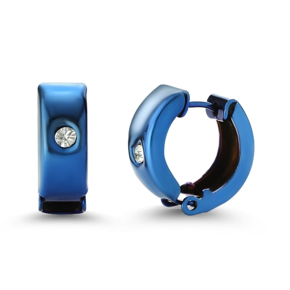 Gem Stone King 13MM Length 5MM Width Blue Stainless Steel with CZ Huggie Hoop Earrings