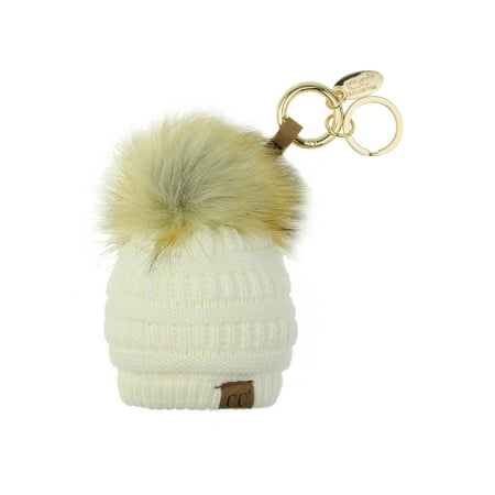 NYFASHION101® Pom Pom Beanie Key Chain Key Ring Handbag Tote Accessory - Ivory