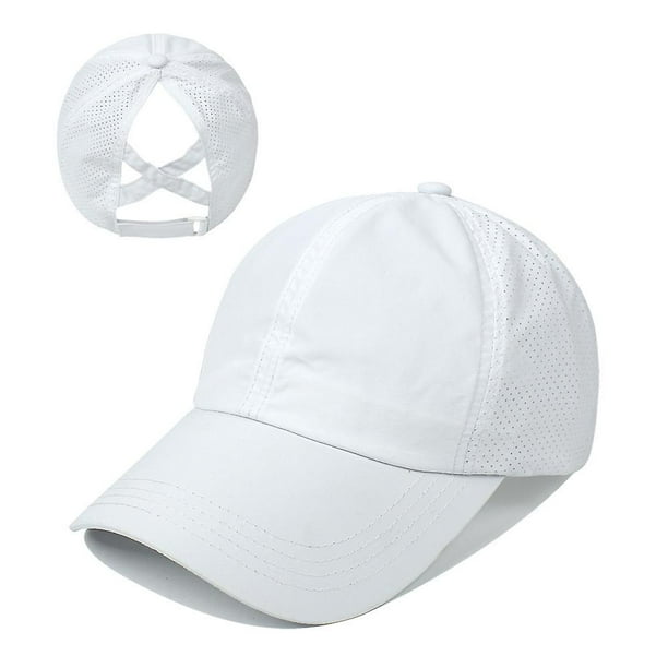 Gorra de béisbol con cola de caballo cruzada para mujer, ajustable, con moño alto desordenado, de secado rápido (1 unidad, blanca)