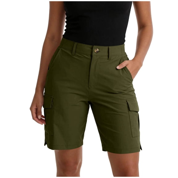 Shorts for Women Work Short with Elastic Waistband Button Closure Zippered Pockets for Hiking Summer Workout Casual Lounge