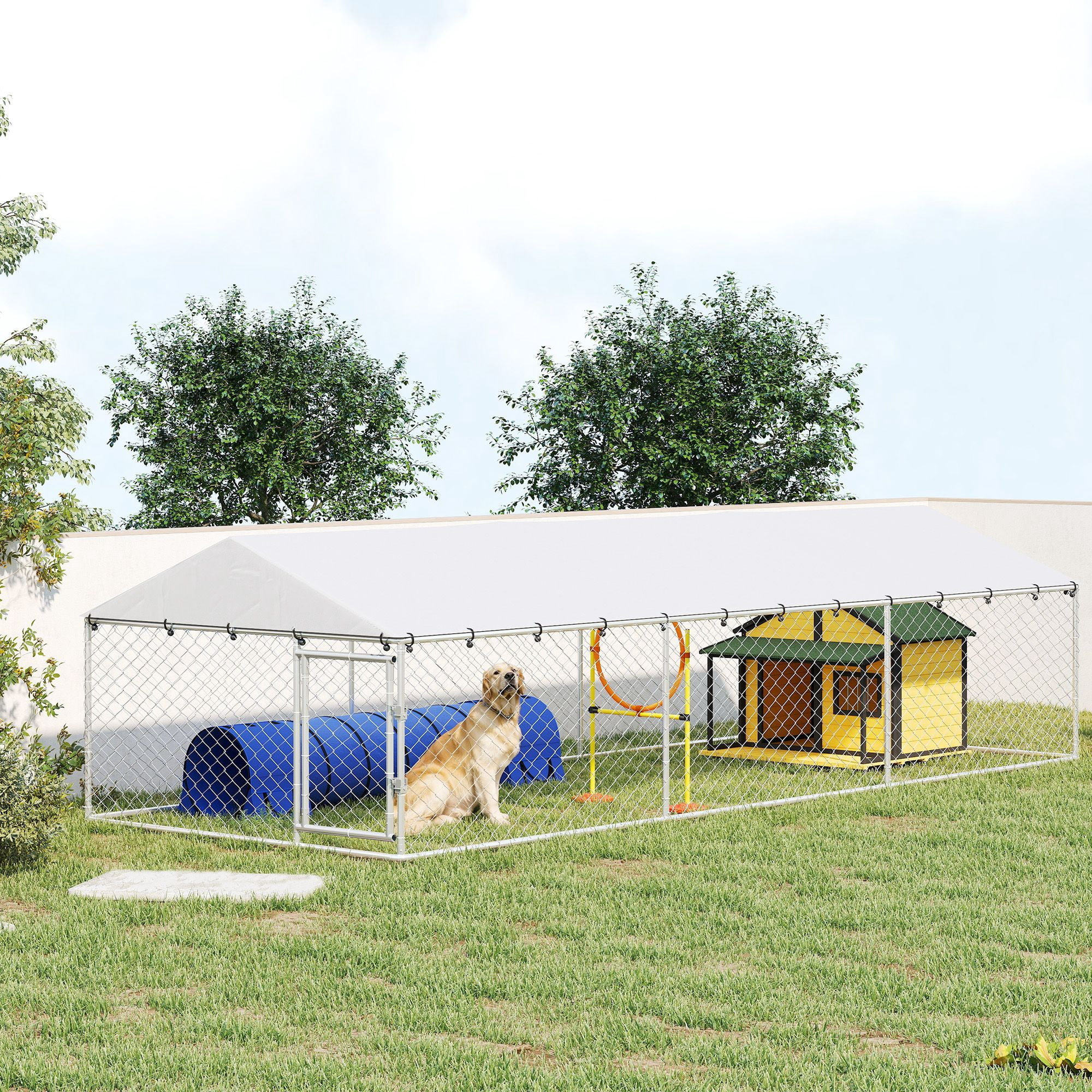 Dranite 20' x 7.5' x 5' Outdoor Dog Kennel for Large Dogs, Heavy-Duty Metal Frame with Waterproof Roof