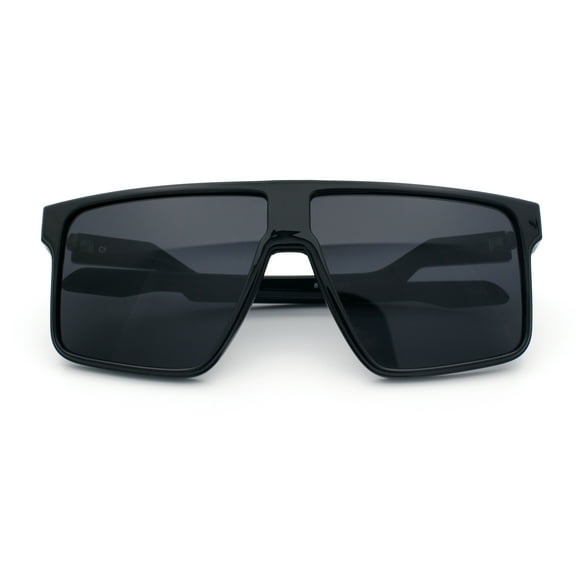 Kush Manly Futuristic Flat Top Bolt Arm All Black Oversized Racer Sunglasses Shiny Black - Silver Logo