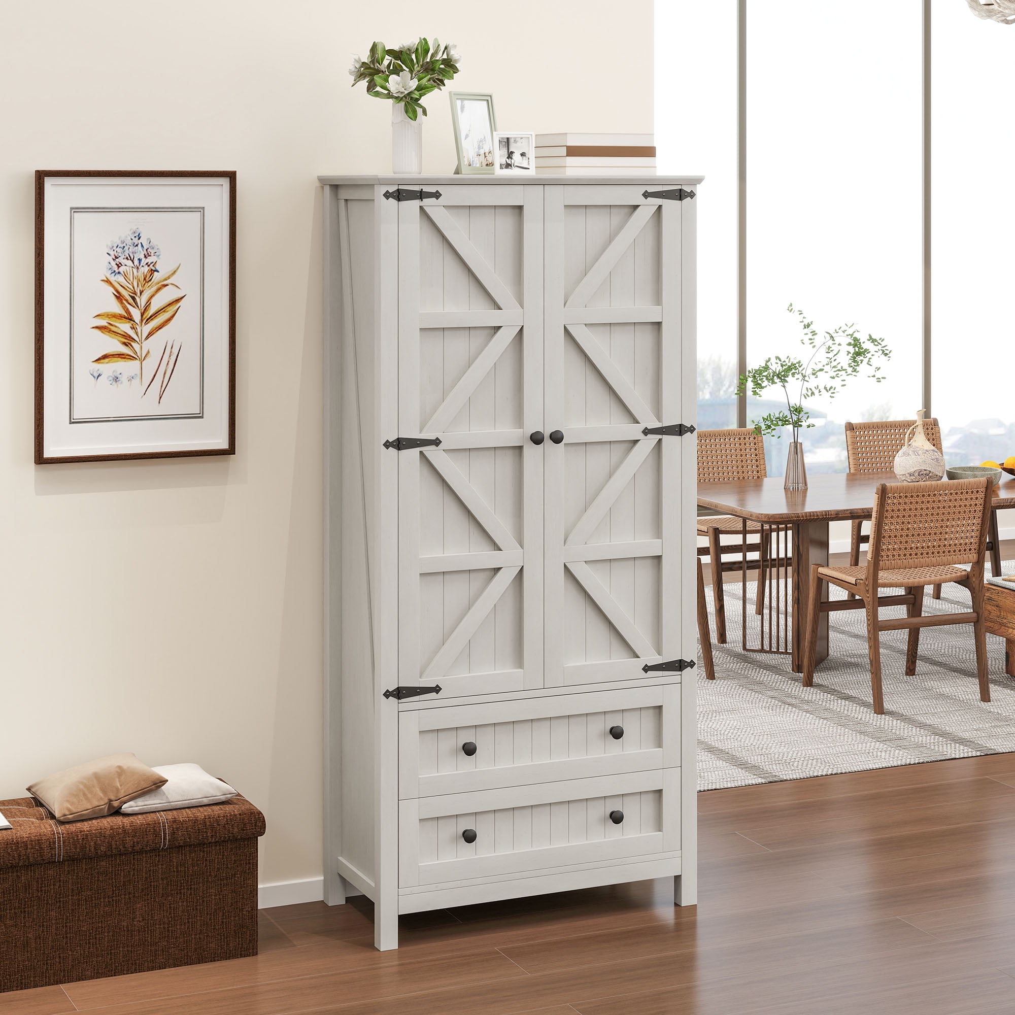 Uforic Farmhouse Kitchen Pantry Storage Cabinet with Doors & Drawers, White