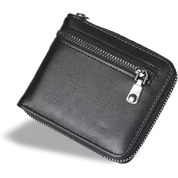 Men's Zipper Leather Wallet with Extra Capacity Flip Secure Pocket Compartments with Multiple Card Slots (black)