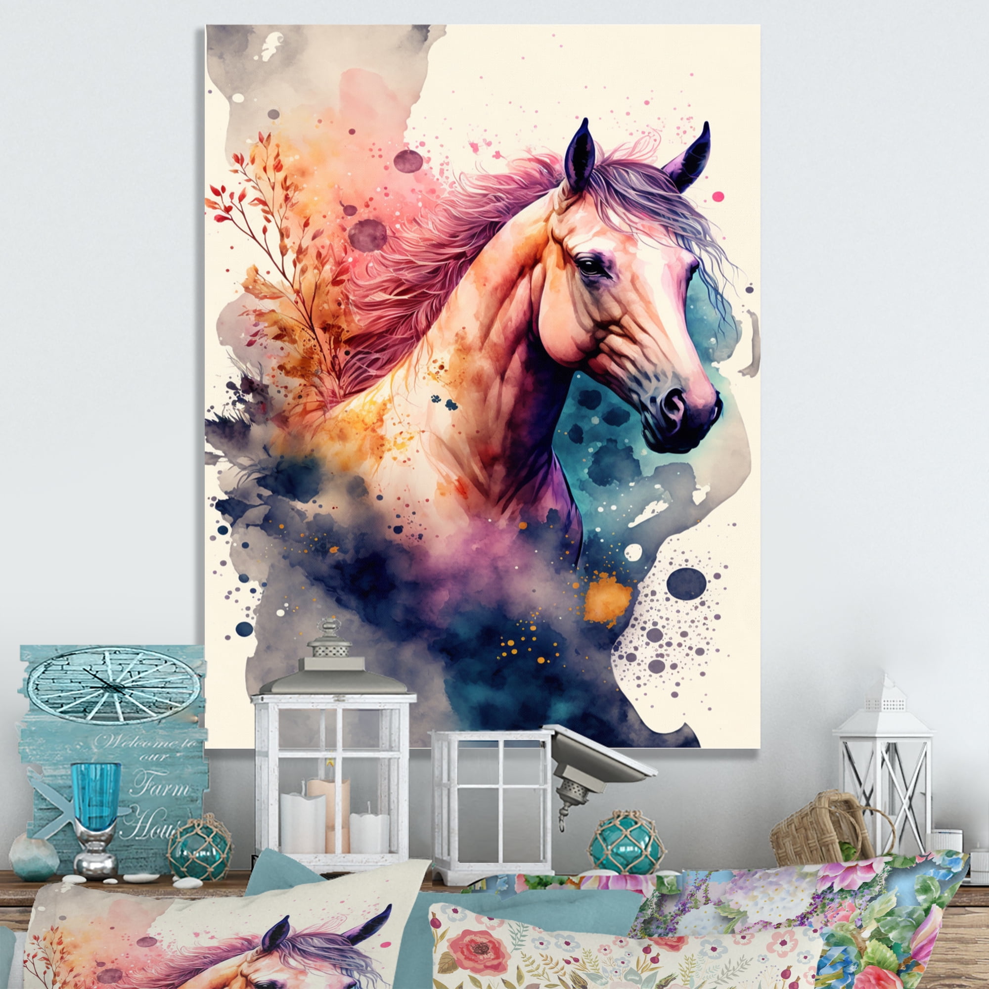 Designart Cute Horse Floral Art II Canvas Wall Art
