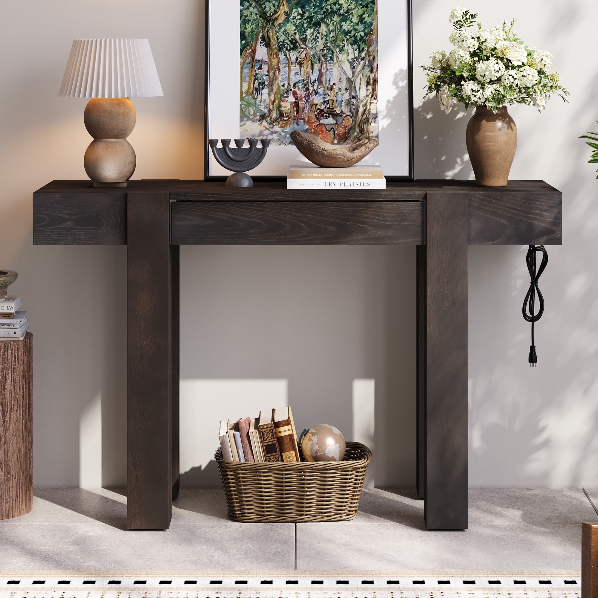 Euroco 47" Rustic Minimalist Console Table with Hidden Drawer & Side Power Outlet, Accent Entryway Table Sofa Table for Hallway Foyer Living Room,Espresso