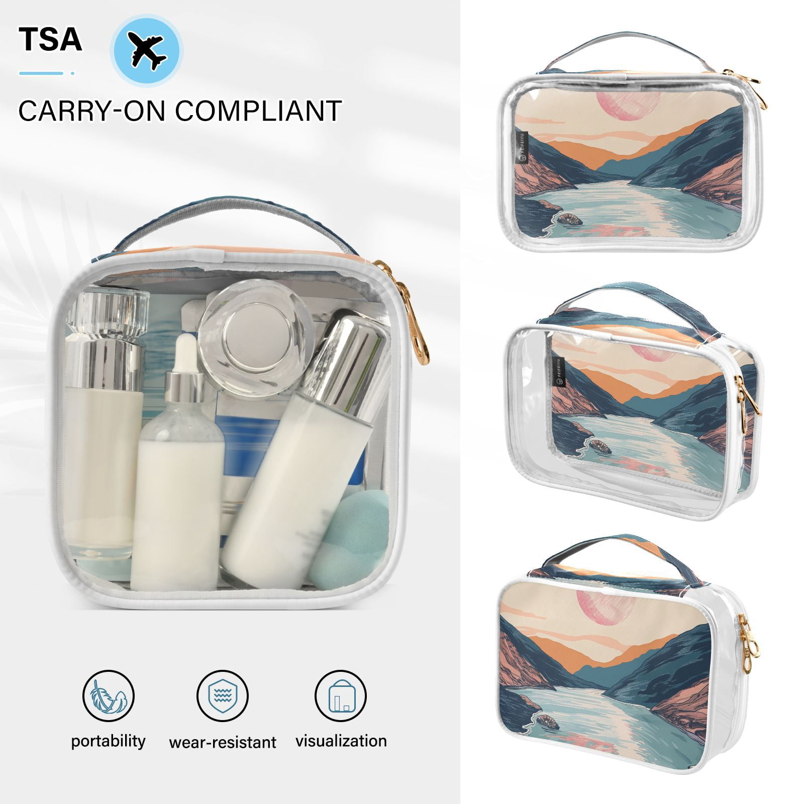 Clear Makeup Bags with Handle Large Opening 2 Pack Set Toiletry Bag Quart Size Bag, for Women Man Traveling Travel Essentials, Toiletries and Other. Hand Drawing River