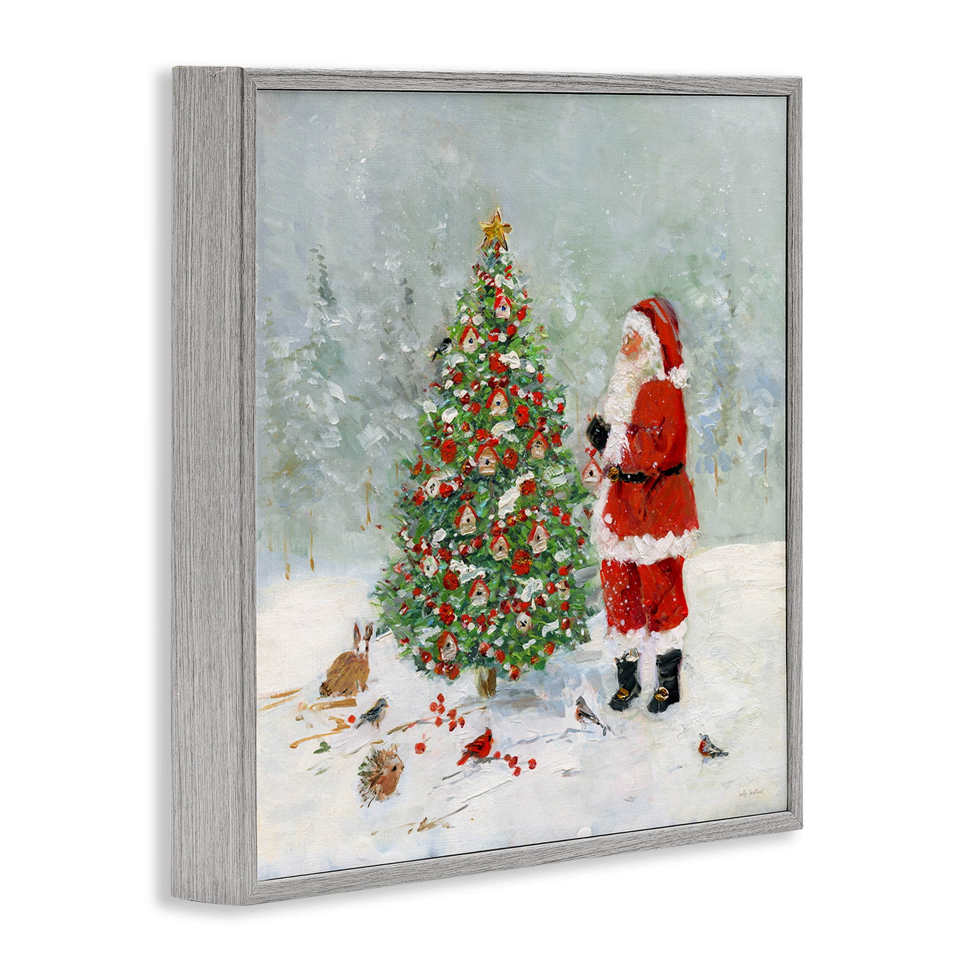 Stupell Industries Santa with Birdhouse Tree Holiday Painting Gray Framed Art Prints Wall Art, 17 x 17