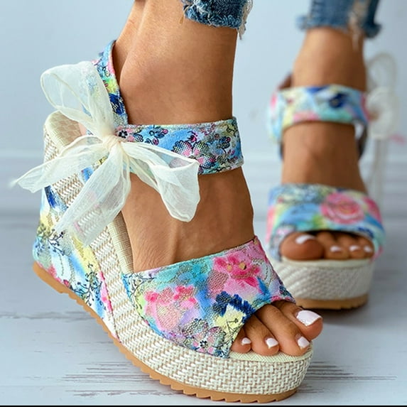 Cathalem Sandals Fashion Wedges Shoes Lace-up Platform Flower Women's Footwear Ladies Women's sandals Women Shoes Heels Sandals Blue 7.5