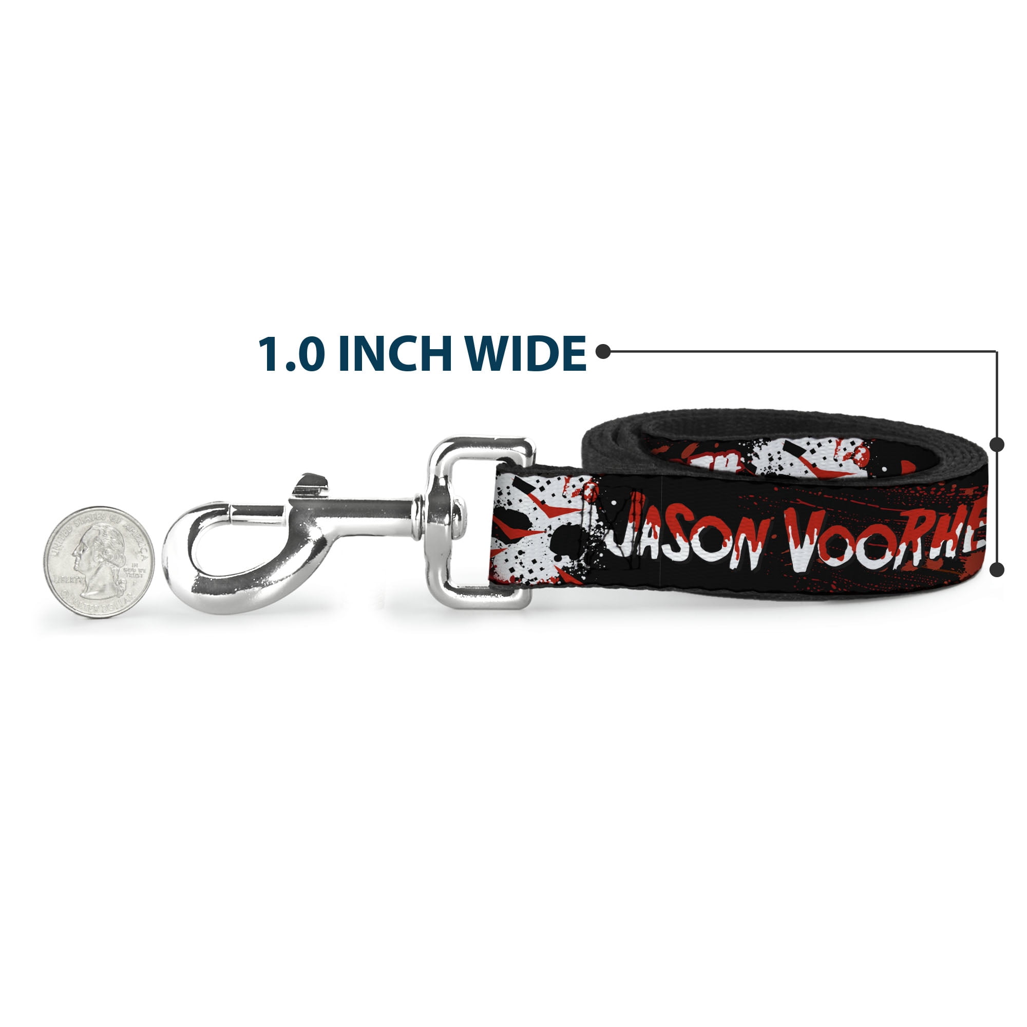 Warner Bros. Horror Movies Pet Leash, Dog Leash, Friday the 13th Jason Voorhies Mask Text Black Red White, 6 Feet Long 1.0 Inch Wide