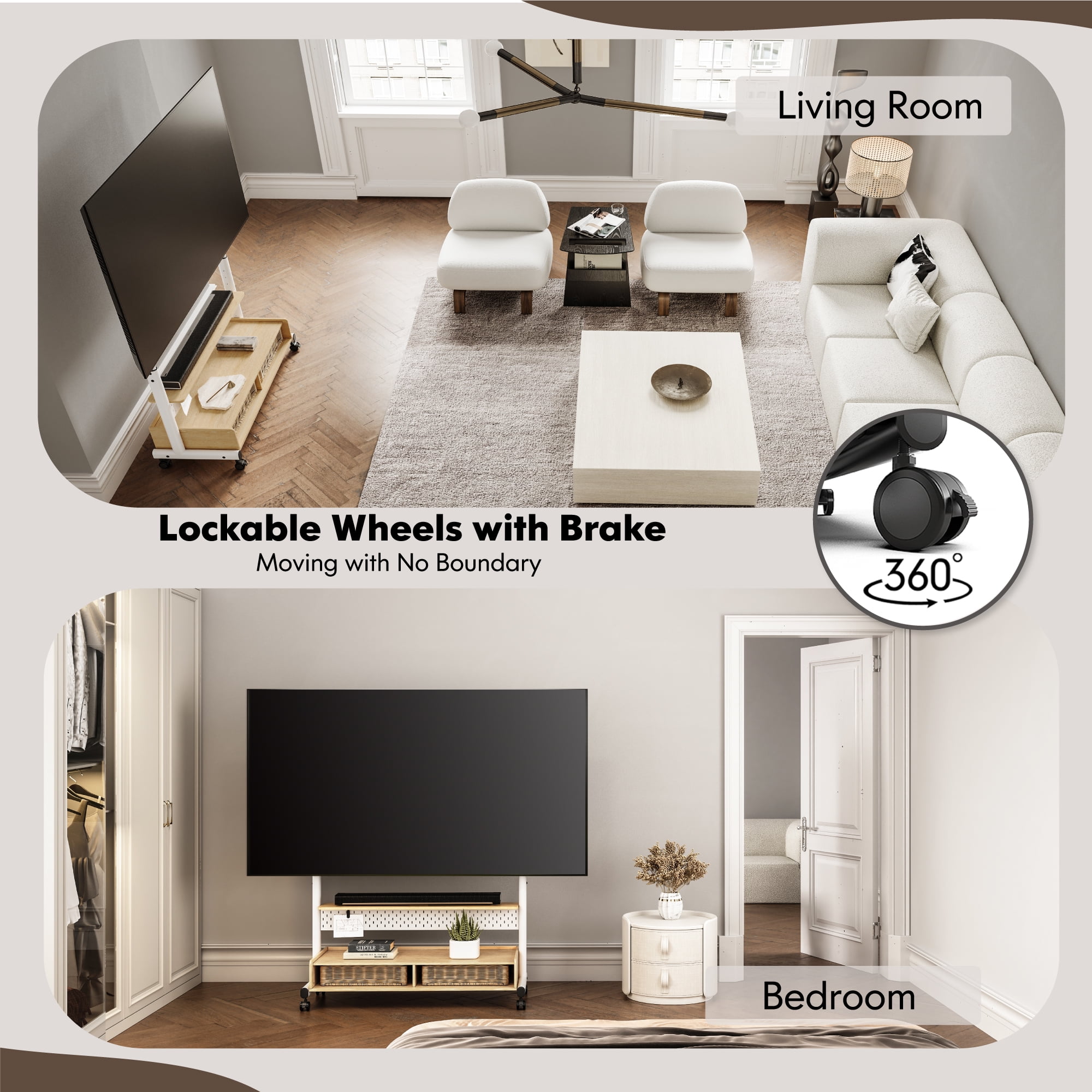 FITUEYES Modern Rolling TV Stand for 70-100 inch TVs with Two Wooden Large Storage,White