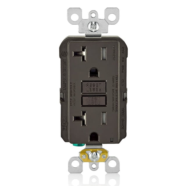 Salida GFCI Leviton de 20 amperios, autocomprobación, resistente a manipulaciones, marrón