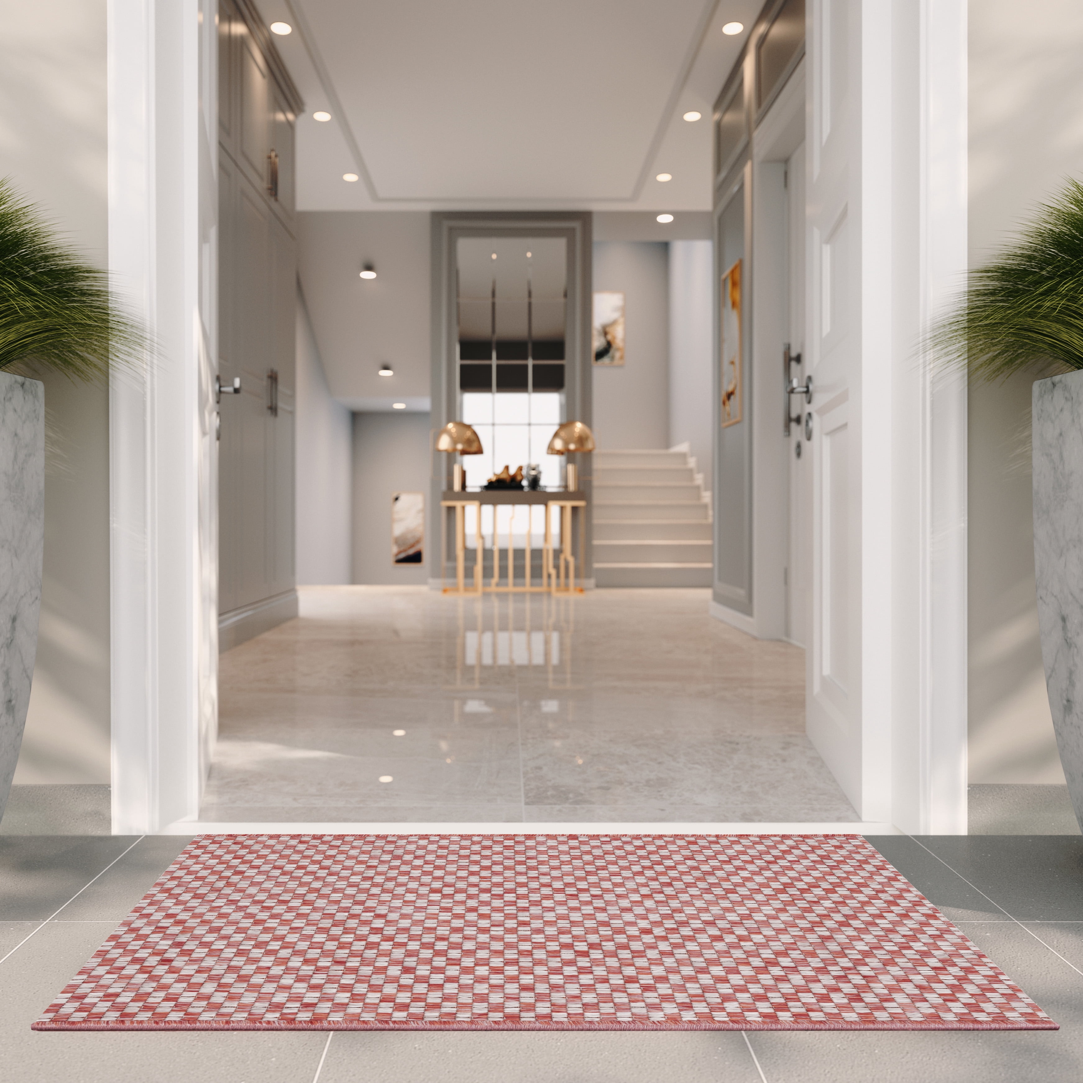 SAFAVIEH Courtyard Blair Geometric Indoor/Outdoor Area Rug, 4' x 5'7", Rust/Light Grey