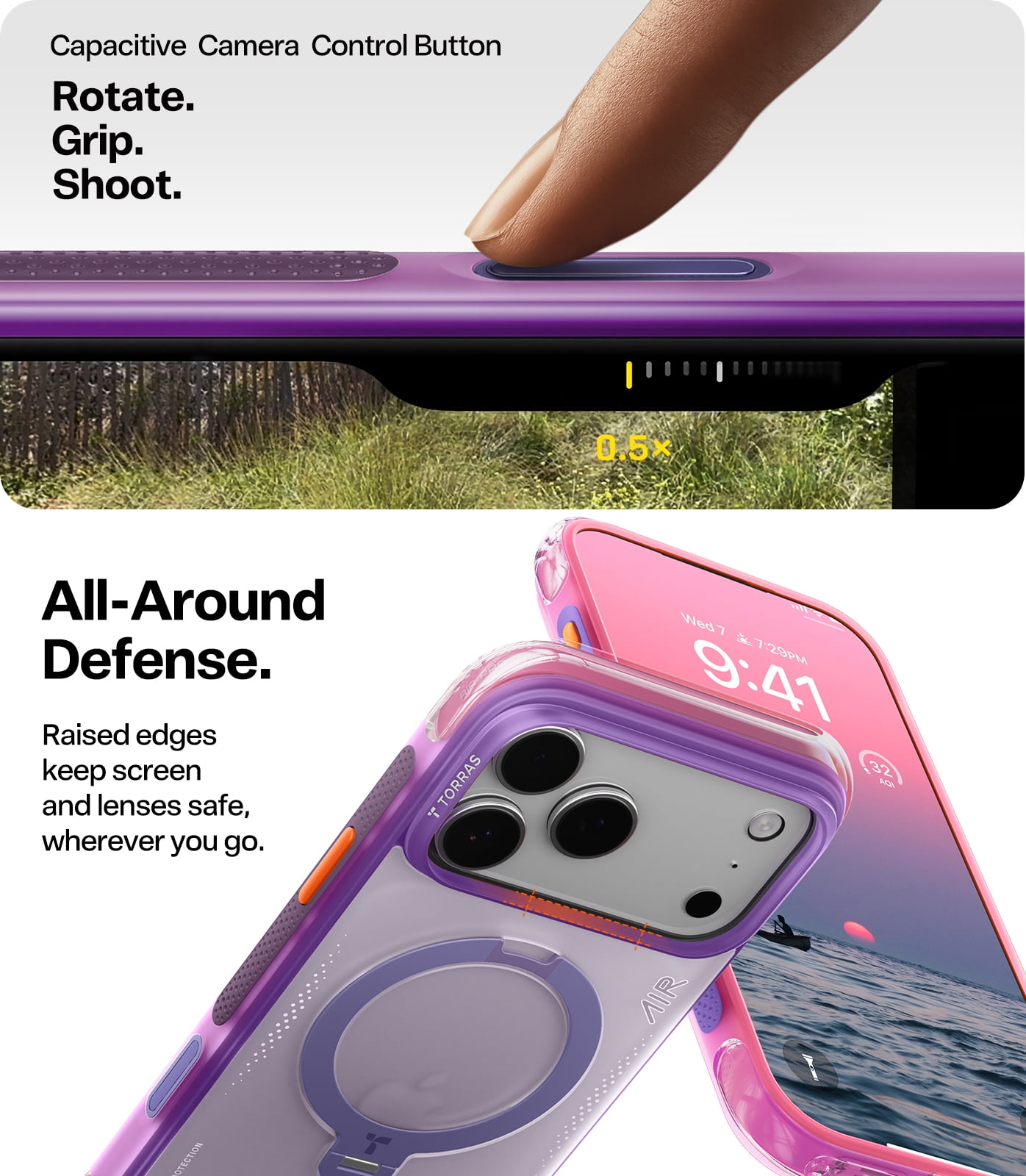 TORRAS Flagship 360 Click-Lock Rotating Stand Case for iPhone 17 Pro | Hardcore Air Cushion Tech | Mil-Grade Protection | Fit for MagSafe | Camera Control | Ostand Q3 Air 6.3" Midnight Aurora Purple