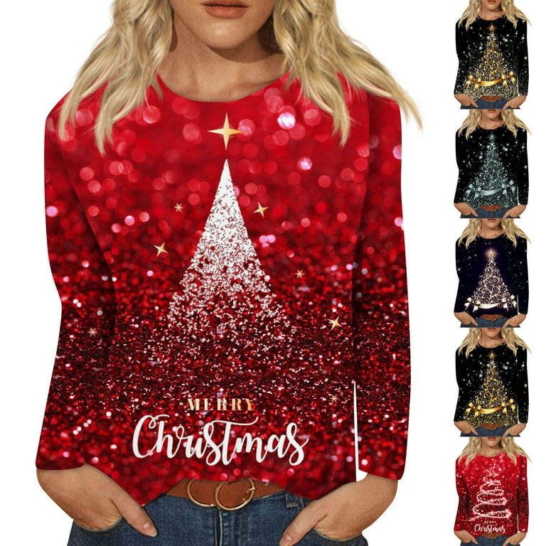Womens Christmas Tops and Blouses Plus Light Up Shiny Tree Print Tunic Work  Tops for Women Large Bust Crewneck Slim Fit Long Sleeve Oversized Graphic  Tees for Women Country Spring Blouses 