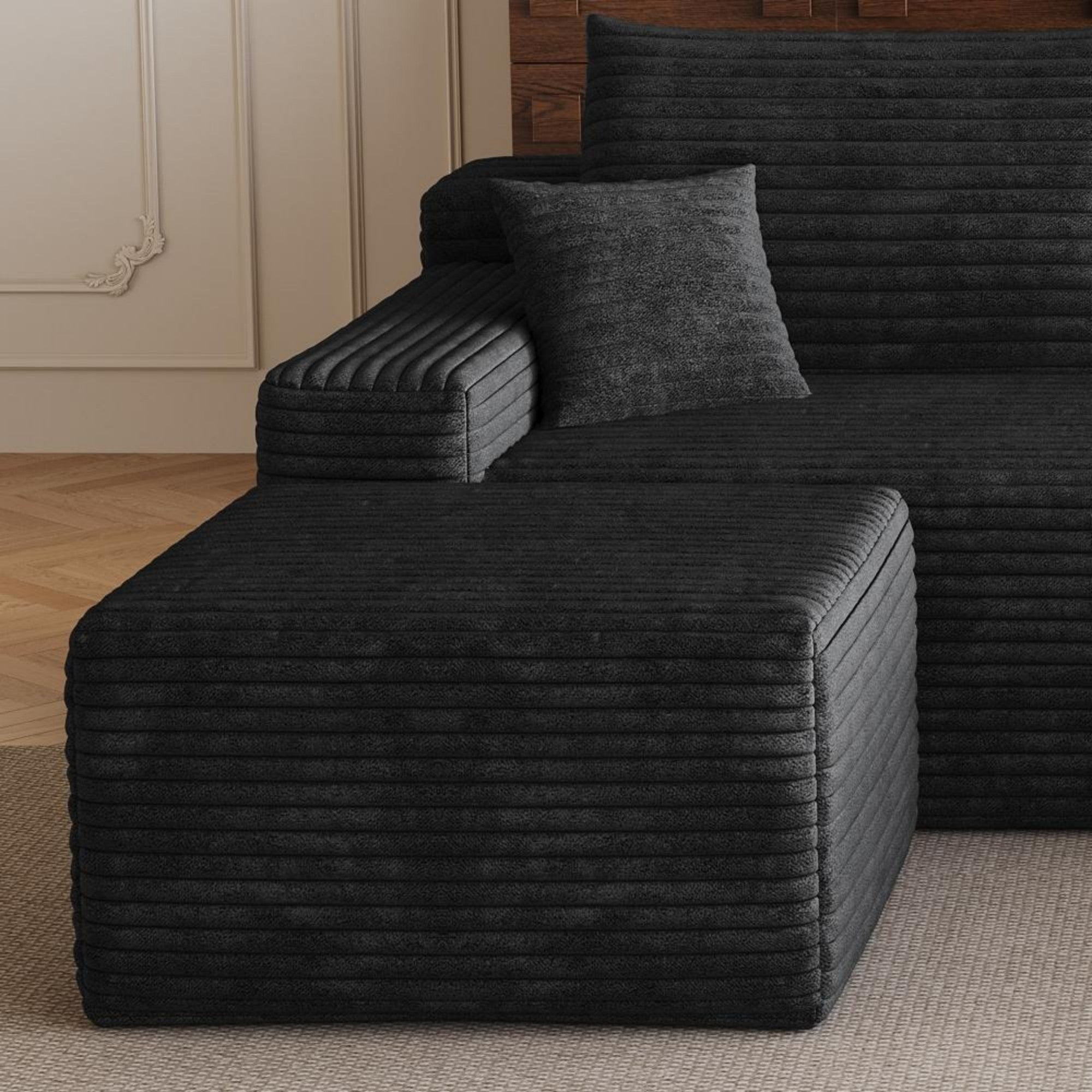 Sailvan 95" Cloud Sectional Sofa,No Assembly Required Modular U Shaped Couch,Plush Corduroy Upholstered Deep Seat Sofa for Living Room Black Right