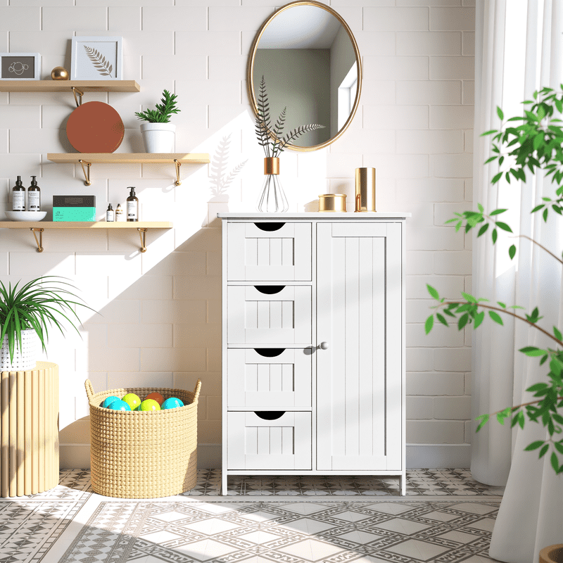 Lacoo Bathroom Storage Cabinet with 4 Drawers, Side Storage Organizer with 1 Cupboard and 2 Shelves Freestanding Cabinet, White