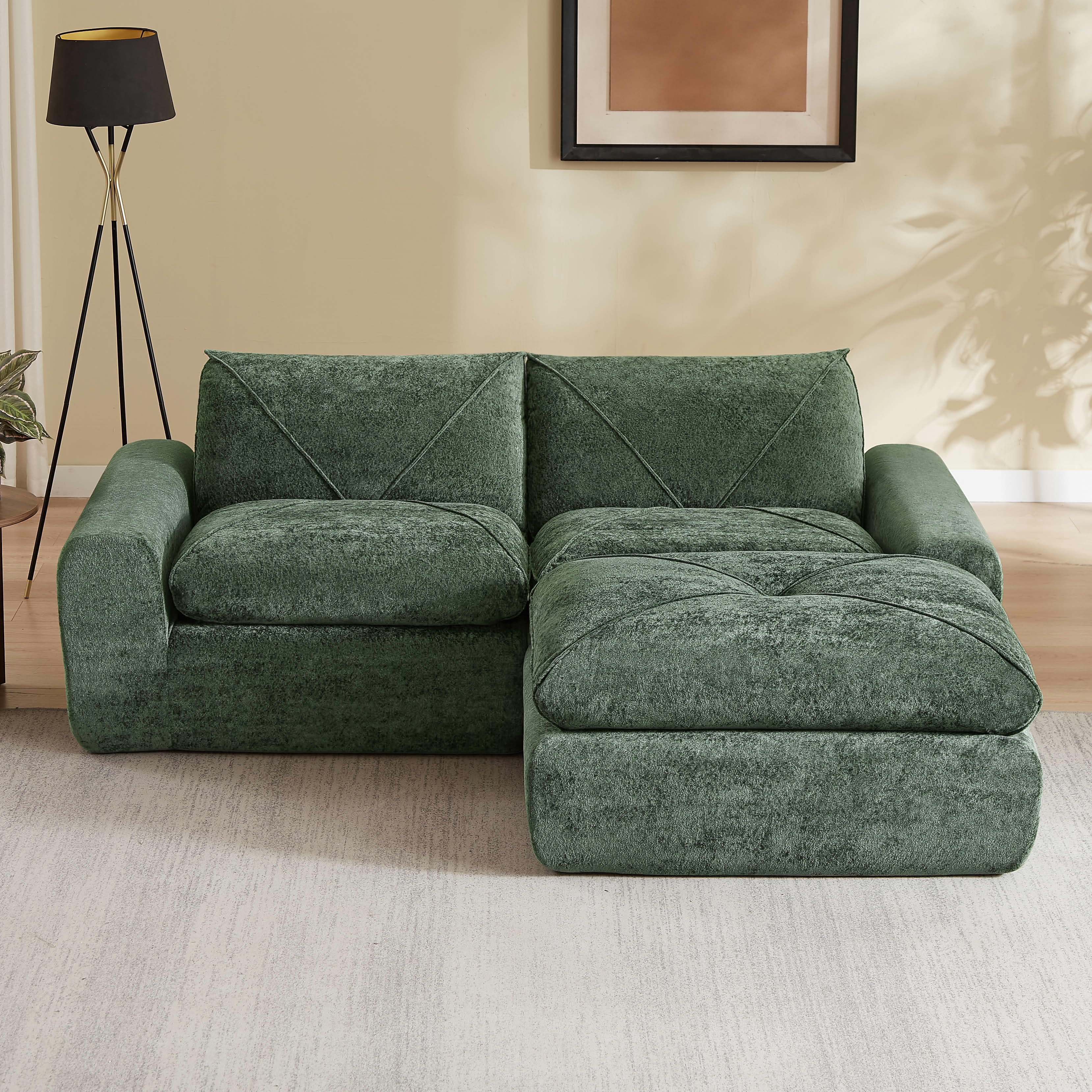 MAYEERTY 85" Green Chenille Modular Sectional Sofa, Spring Support with Ottoman for Living Room Apartment