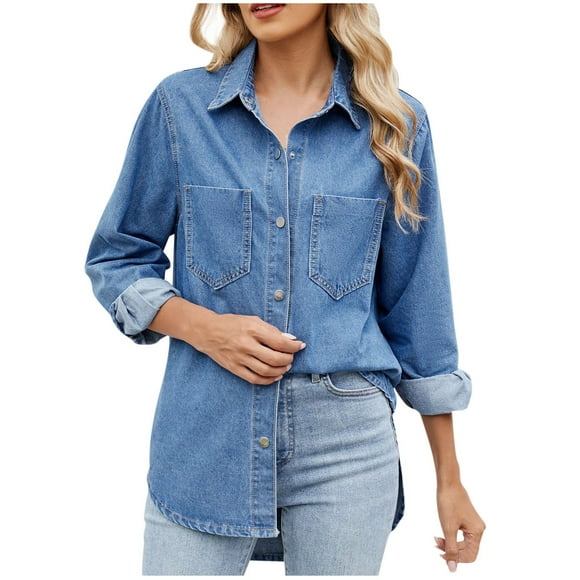 aidice Jean Shirts for Women Casual Lapel Neck Long Sleeve Button up Classical Fall Denim Tops Pockets