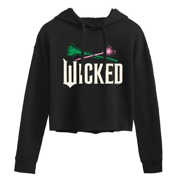 Wicked: Part 2 -  Wand And Broomstick Logo - Juniors Cropped Long Sleeve Fleece Hoodie