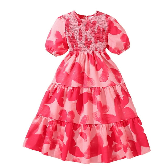 Odeerbi Niñas Verano Vestido Princesa Playa Vestido Algodón Volantes Estampado Corazón Dulce Cuello Redondo Vestido Manga Corta