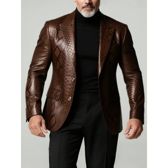 Men's Brown Snake Print Faux Leather Blazer, Slim Fit Notch Lapel Single-Breasted Suit Jacket