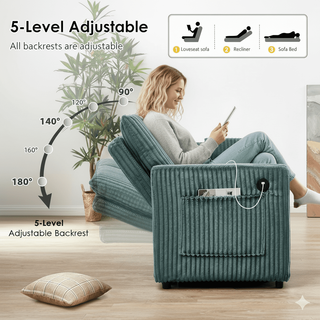 65in Sleeper Sofa Bed, 3 in 1 Convertible Pull Out Couch with Small Table, USB Ports, Cup Holders & 5-Level Adjustable Backrest, Corduroy Loveseat Sofa for Apartment, Bedroom, Living Room (Green)