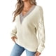 thumbnail image 2 of Suéteres de Larga para Mujer, de Otoño, con Encaje, Cuello en V, de Punto, Hombros Caídos, Jerseys, Tops. Crema S, 2 of 9