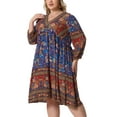 thumbnail image 4 of Plus Size Summer Dress for Women Casual Boho Floral V Neck 3/4 Sleeve Midi Short Beach Dress 2X Red Blue, 4 of 6