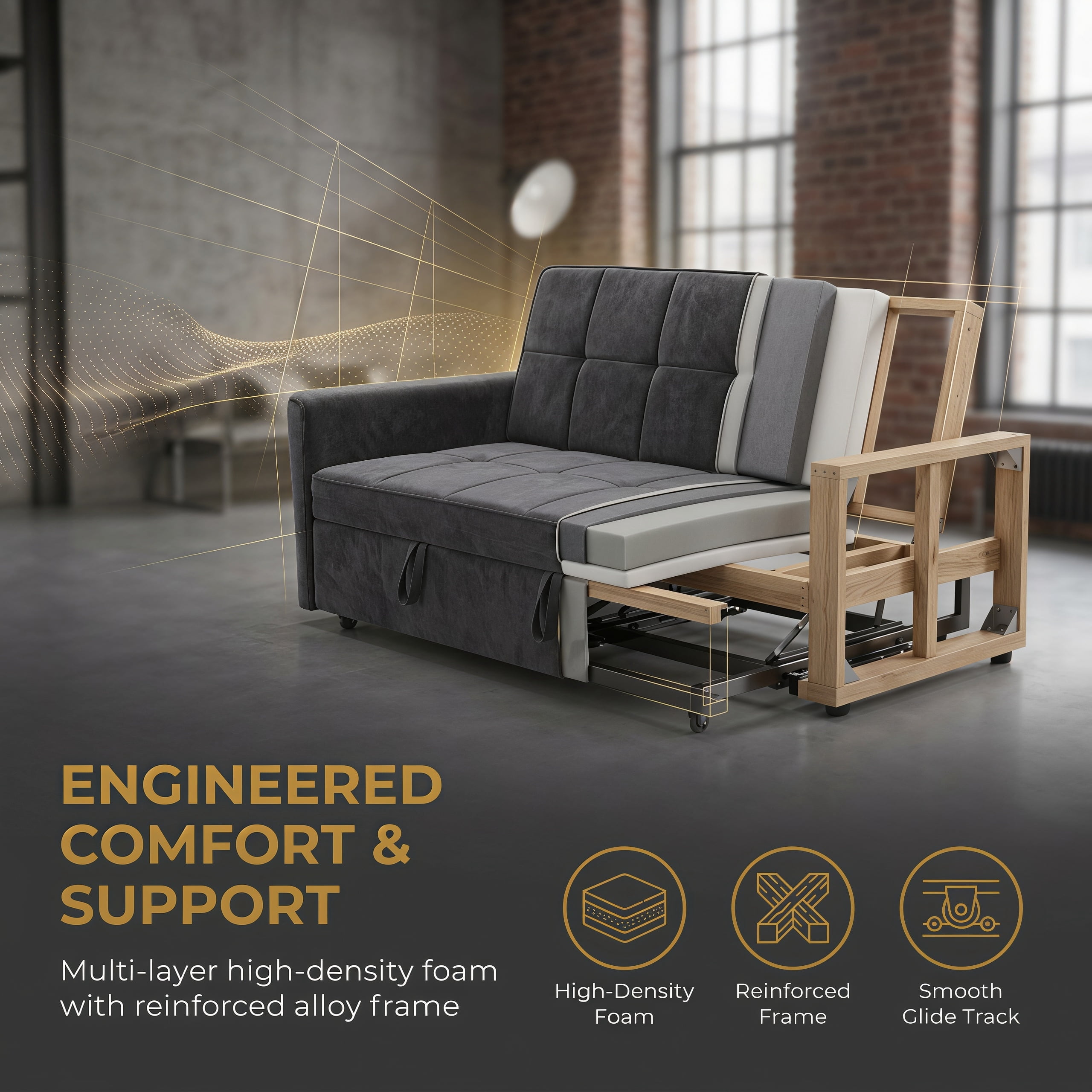 54" Convertible Sleeper Sofa Bed, Modern Velvet 3-in-1 Pull Out Loveseat Couch with 5-Position Backrest & Side Storage Pocket for Living Room, DarkGray