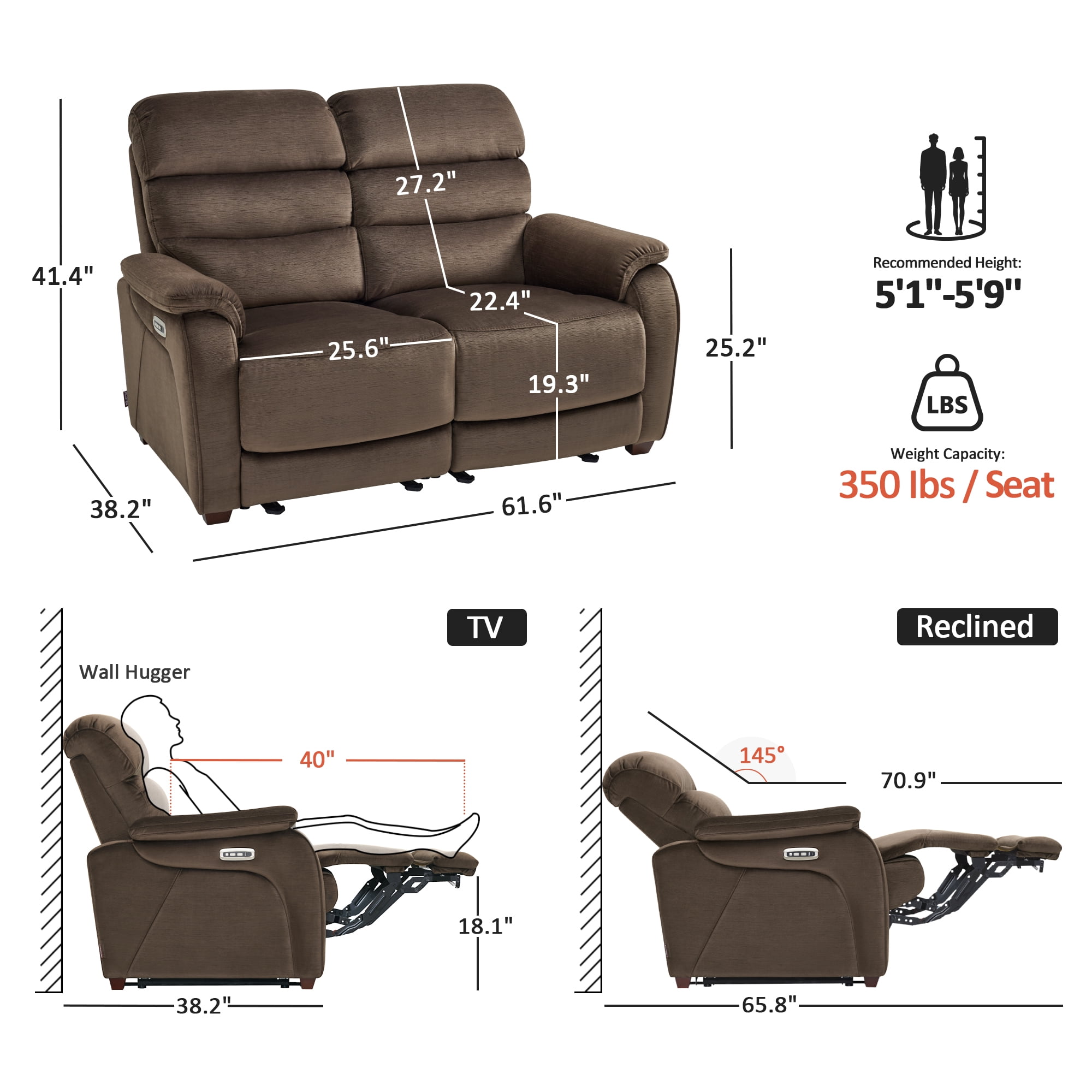 MCombo Zero Wall Hugger Power Recliner Loveseat for Living Room, RVs, Small Spaces, Fabric, Coffee