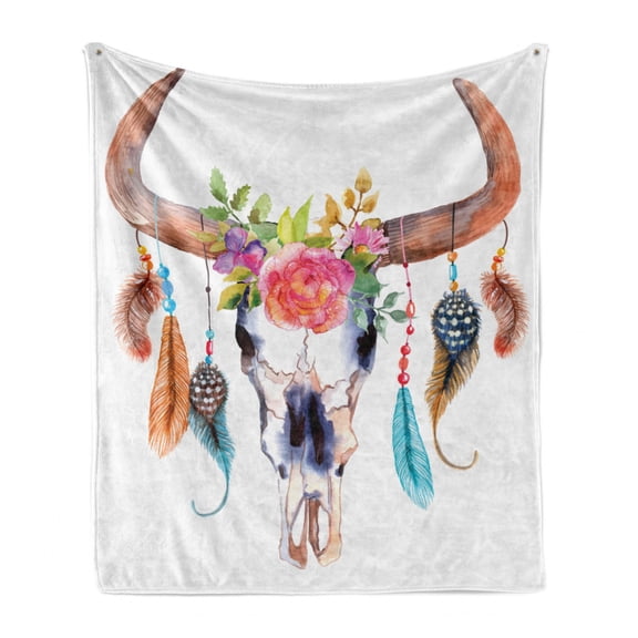 Watercolor Soft Flannel Fleece Throw Blanket, Bull Skull Hanging Flower Feathers Inspired Design, Cozy Plush for Indoor and Outdoor Use, 50" x 70", Multicolor, by Ambesonne