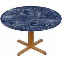 Denim Patchwork Round Tablecloth Pants Waterproof Oil-Proof Table Cover Table Cloth for Indoor Dining, Outdoor Picnic Parties, Camping,Fits for Table 40-44" Inches