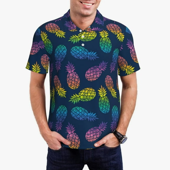 Rateoe Retro Bright Pineapple Pattern Men's Short Sleeve Polo Shirts, Golf Polo Shirts Short Sleeve Performance Moisture Wicking Dry-Small