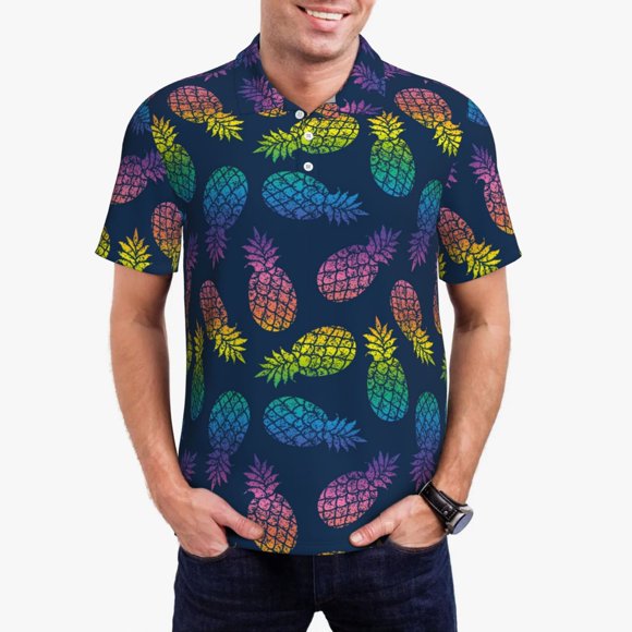 Saiise Retro Bright Pineapple Print Mens Golf Shirt Moisture Wicking Quick-Dry Print Performance Polo Shirts for Men-Medium