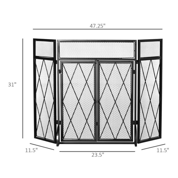 Fireplace Screen with Doors, 47.25x31 Inch Fire Guard for Wood Stove, 3-Panel Folding Mesh Spark Shield, Black Steel for Hearth Protection