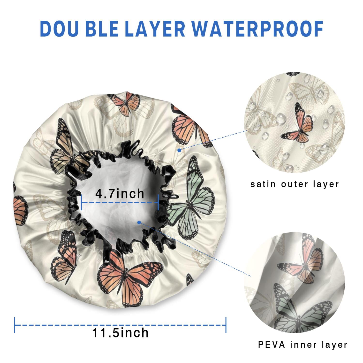 Shower Caps,Beige Butterfly Pattern Waterproof Shower Cap for Women 4 Pieces,Double Reusable Hair Cover for Shower PEVA Elastic Stretch Hem