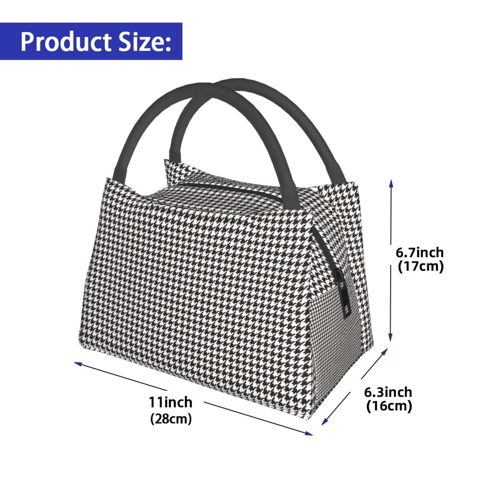 Kuqiui Lunch Bag for Women/Men,Waterproof Reusable Portable Lunch Tote,Lunch Box Bag.Thermal Cooler Bag Ideal for Work/Party/Travel/Picnic (Houndstooth Black And White )