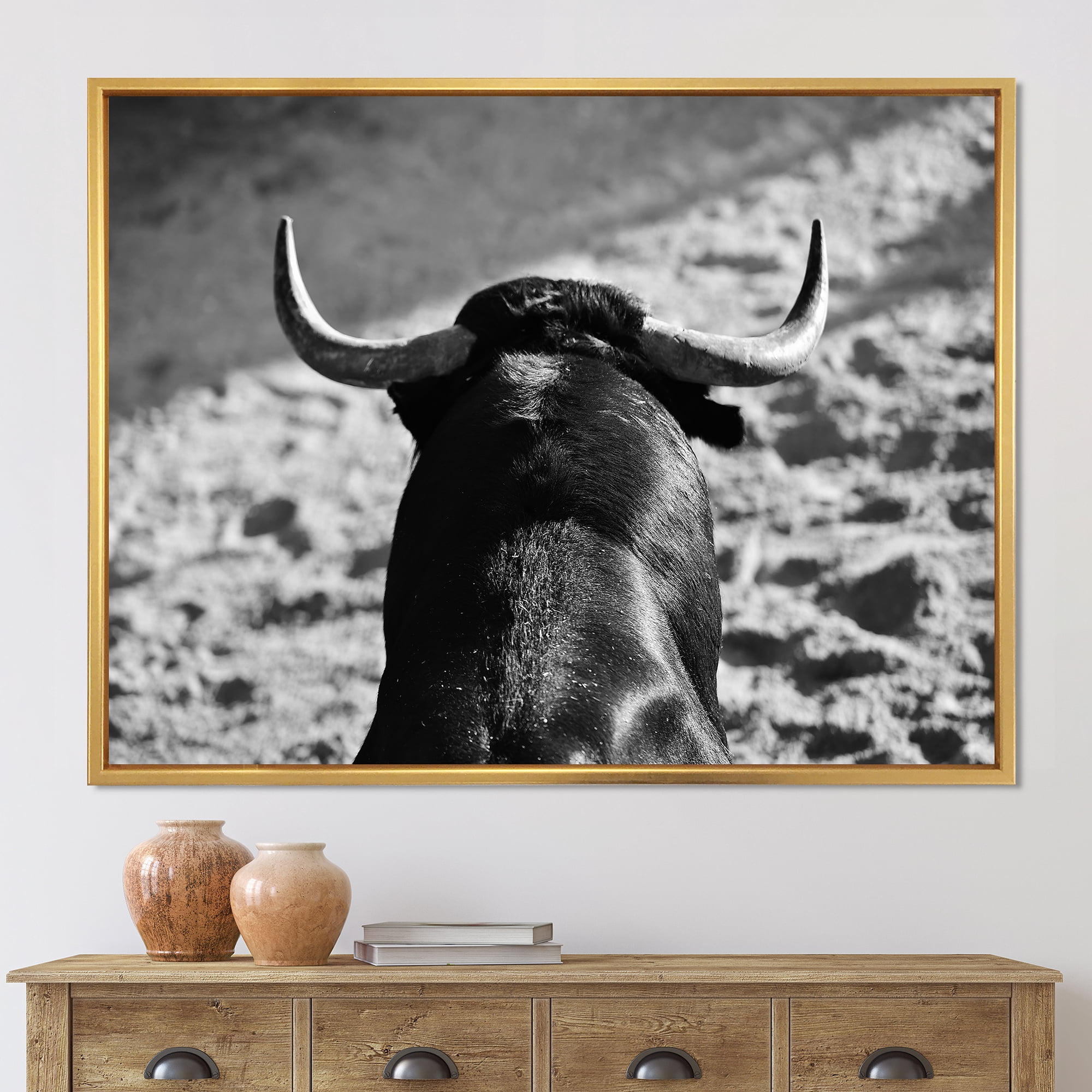 Designart 'Black and White Portrait Of A Spanish Bull II' Farmhouse Framed Canvas Wall Art Print