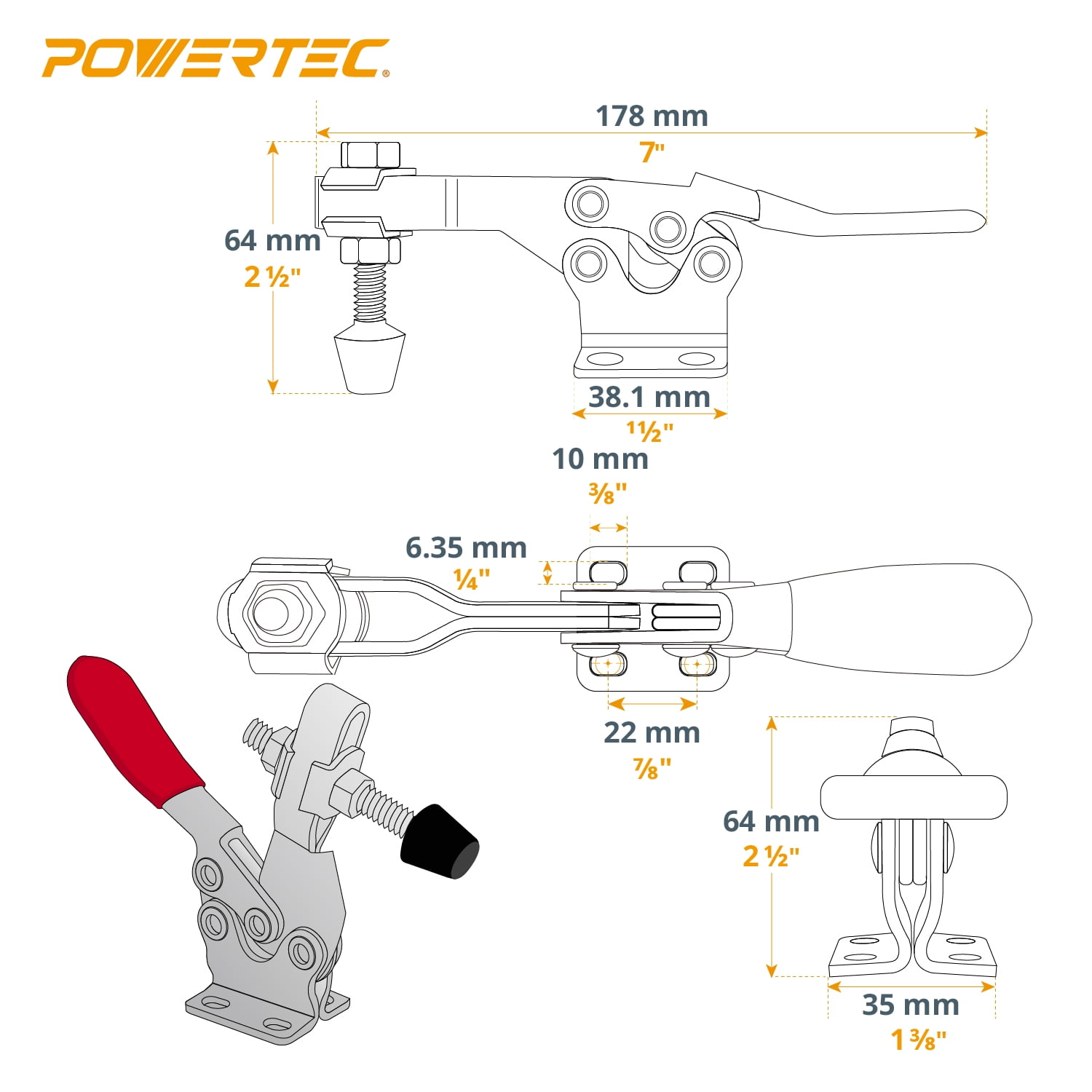 POWERTEC 10PK Toggle Clamp, 500 lbs Holding Capacity, 225D Quick Release Horizontal Clamps w/ Antislip Rubber Pressure Tip for Woodworking Jigs & Fixtures, Welding, Drill Press, Crosscut Sled (20331)