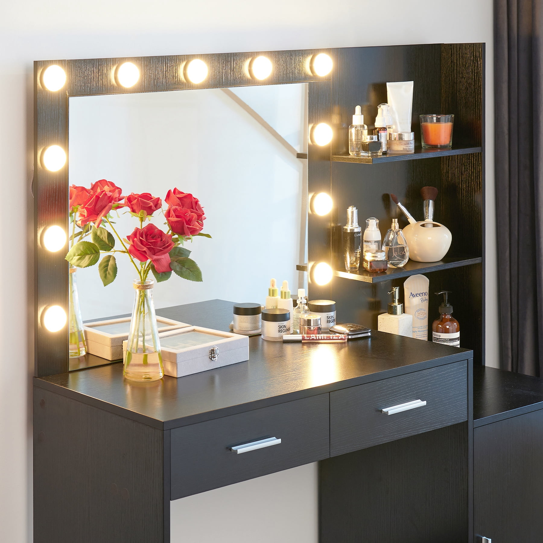Hommoo 46.4" Vanity Desk with Mirror, 3 Colors Lights, 2 Drawers & Open Storage, Makeup Vanity Dressing Table for Bedroom, Black