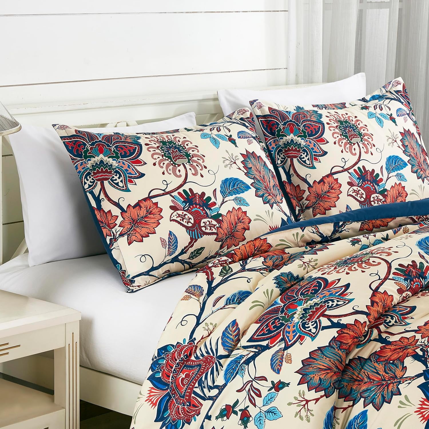 Chezmoi Collection Azura 3-Piece Floral Comforter Set Full, Multicolor Blue Red Orange Cream Printed Microfiber Lightweight Bedding Set for All season