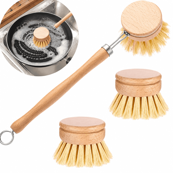 3 Pack Dish Brush with Beechwood Handle, Replaceable Head Wooden Dish Brush, Multipurpose Wooden Brush & Bamboo Dish Scrubber for Pots, Pans and Kitchen Cleaning