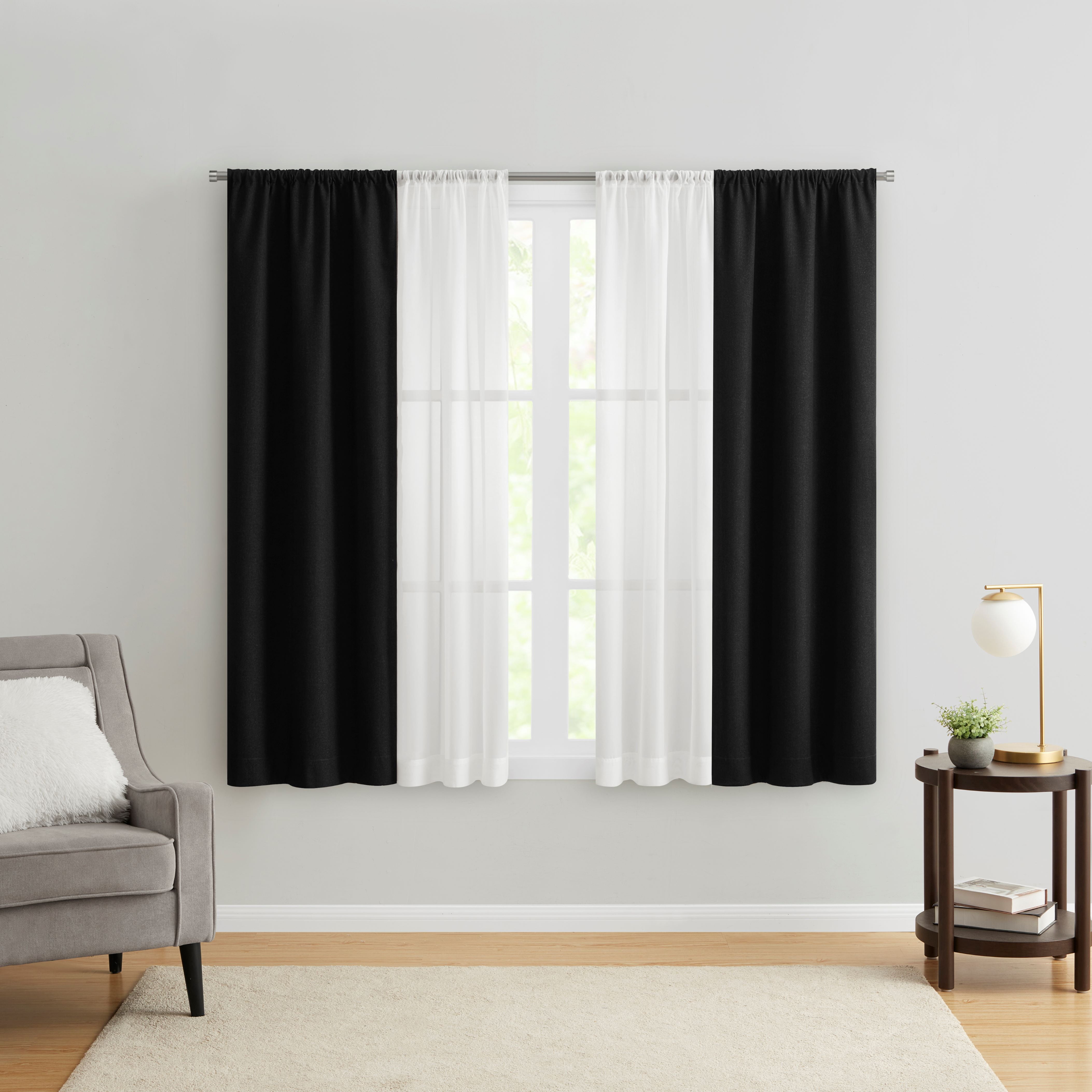 (3 pack) Mainstays Twill Blackout Rod Pocket 4 Piece Curtain Set, Rich Black, 27.5" W x 63" L