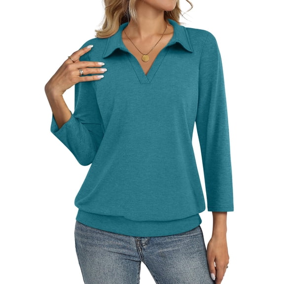 Lumtrix Womens Polo Shirts 3/4 Length Sleeve Summer Tops Business Casual Tees Collared V Neck Blouses Loose Fit Cyan XL